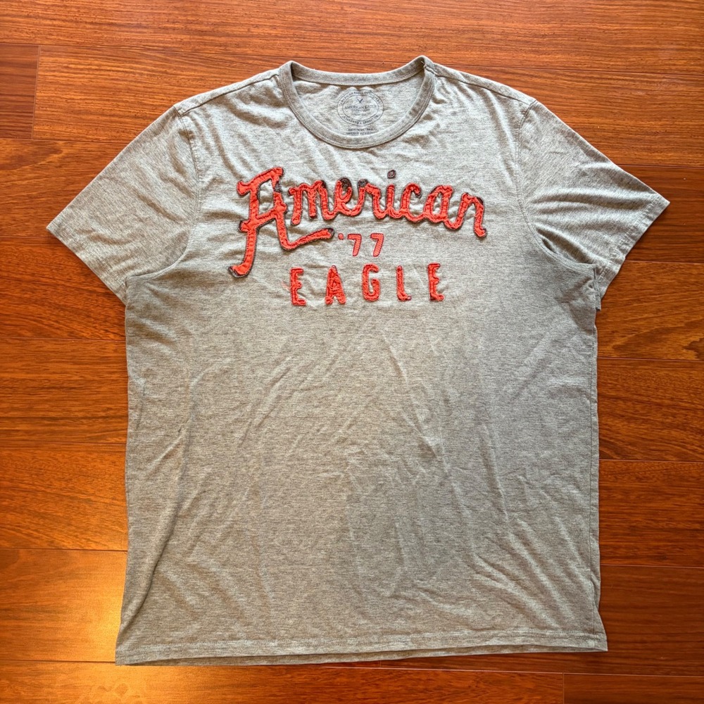 Y2K American Eagle Embroidered Spellout Graphic Tee Grey Athletic Fit Cotton XL